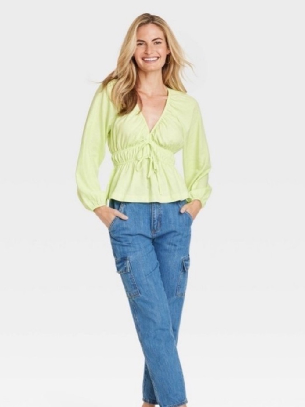 Light Green Peplum Tie-Front Blouse - Women Size Medium